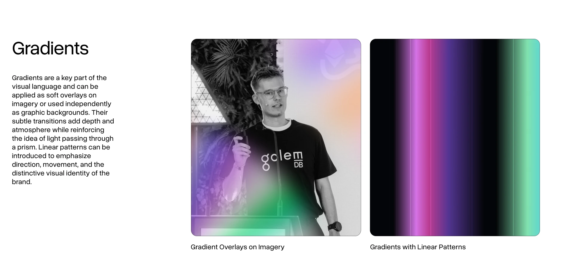 Gradients in use: a gradient overlay on a photograph of a speaker, and a gradient built from linear patterns