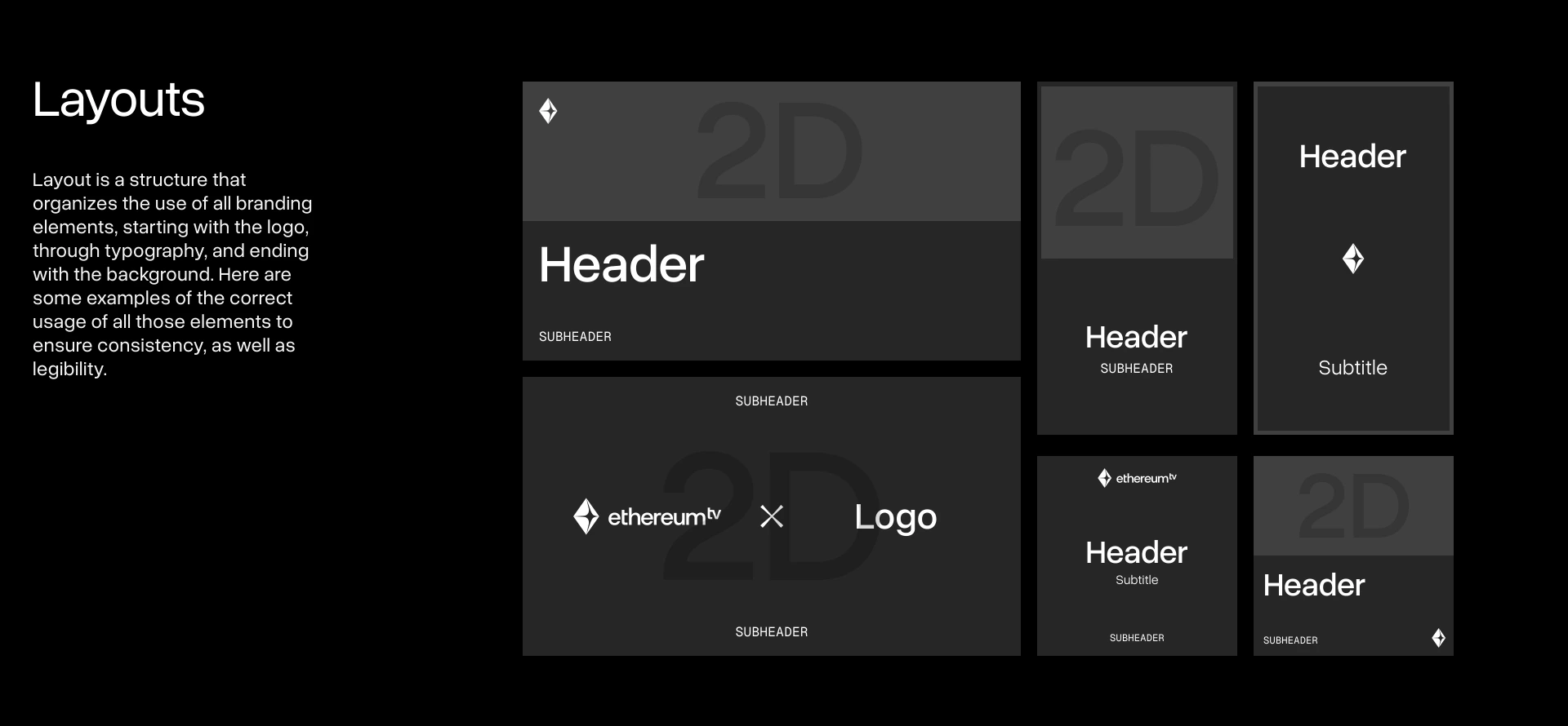 Layout examples showing where the logo, headers, subheaders and graphic elements sit in each format