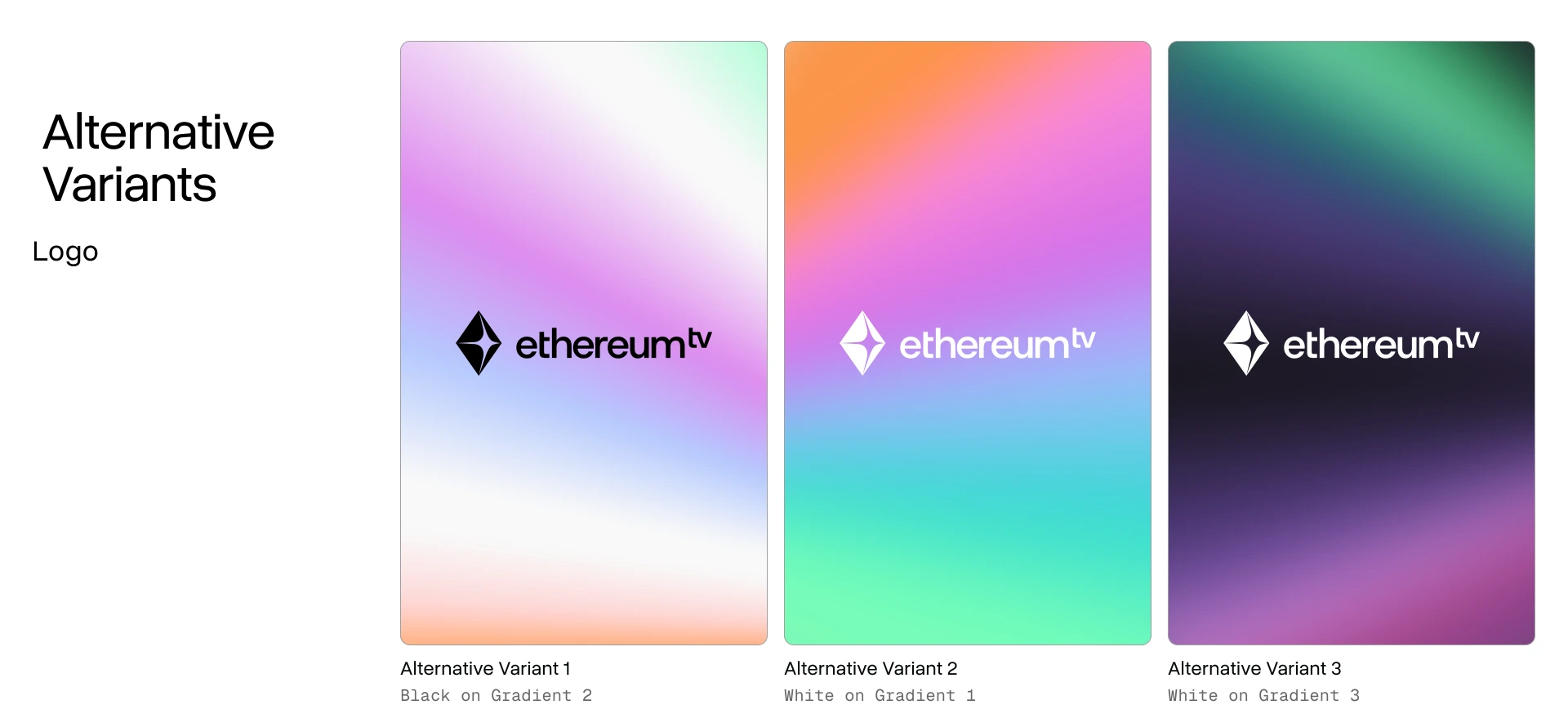 Alternative logo variants: the lockup in black and in white over the three brand gradients