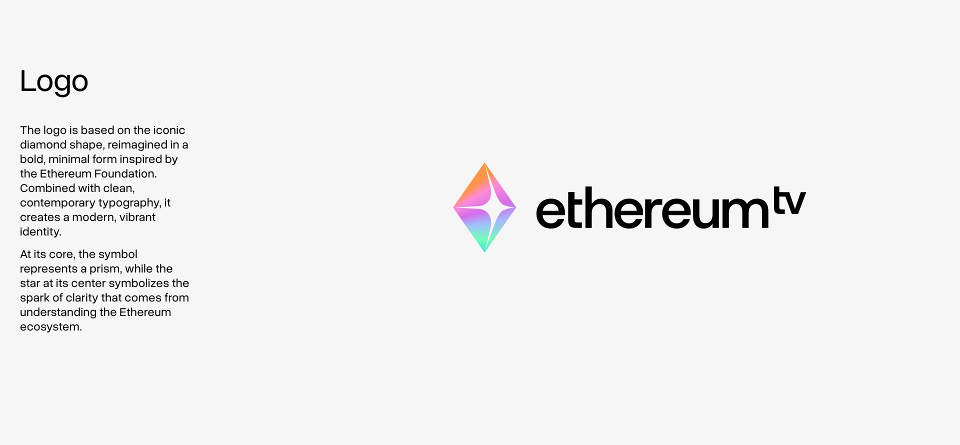 Logo spread: the lockup beside an explanation of the diamond reimagined as a prism with a star at its centre