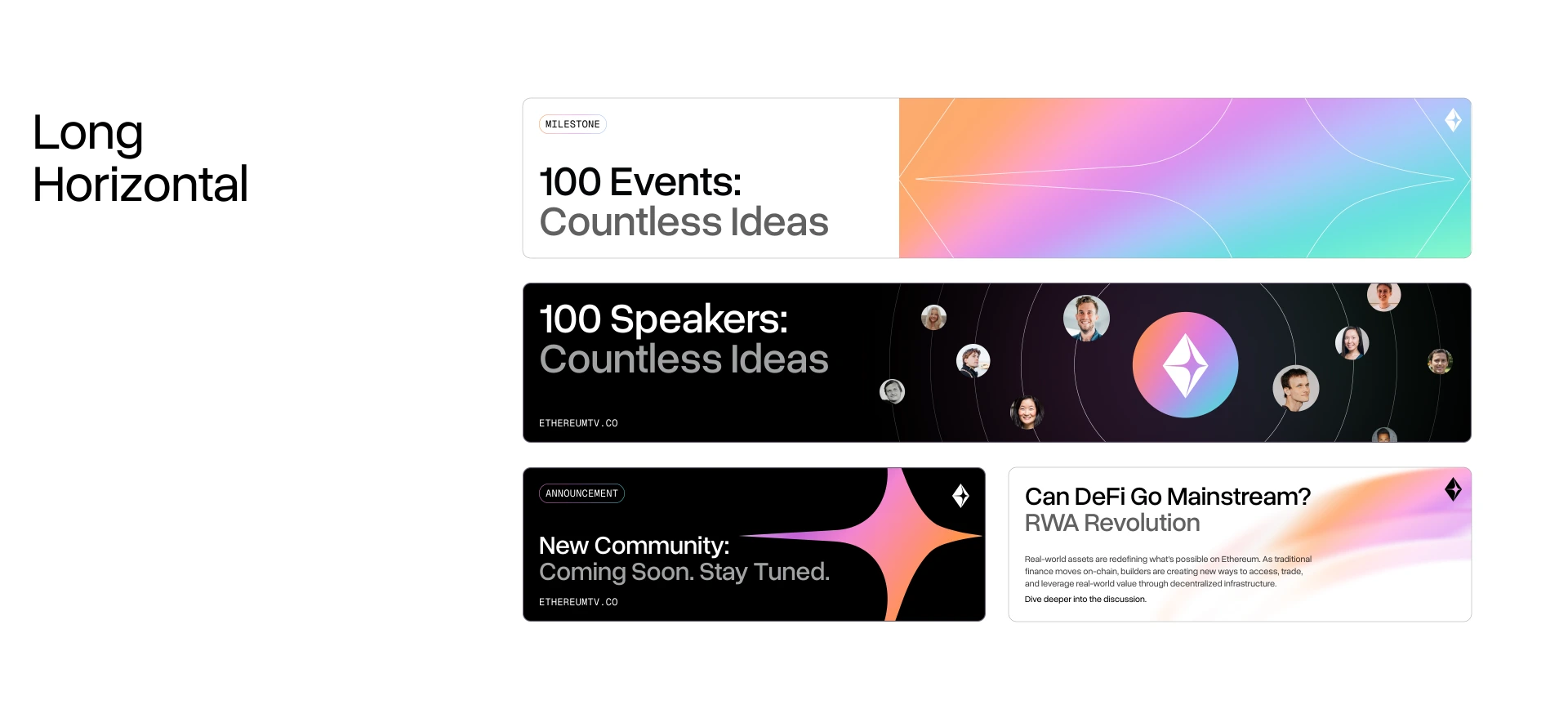 Social templates in long horizontal format: milestone cards, a speaker montage, a community announcement and a talk teaser