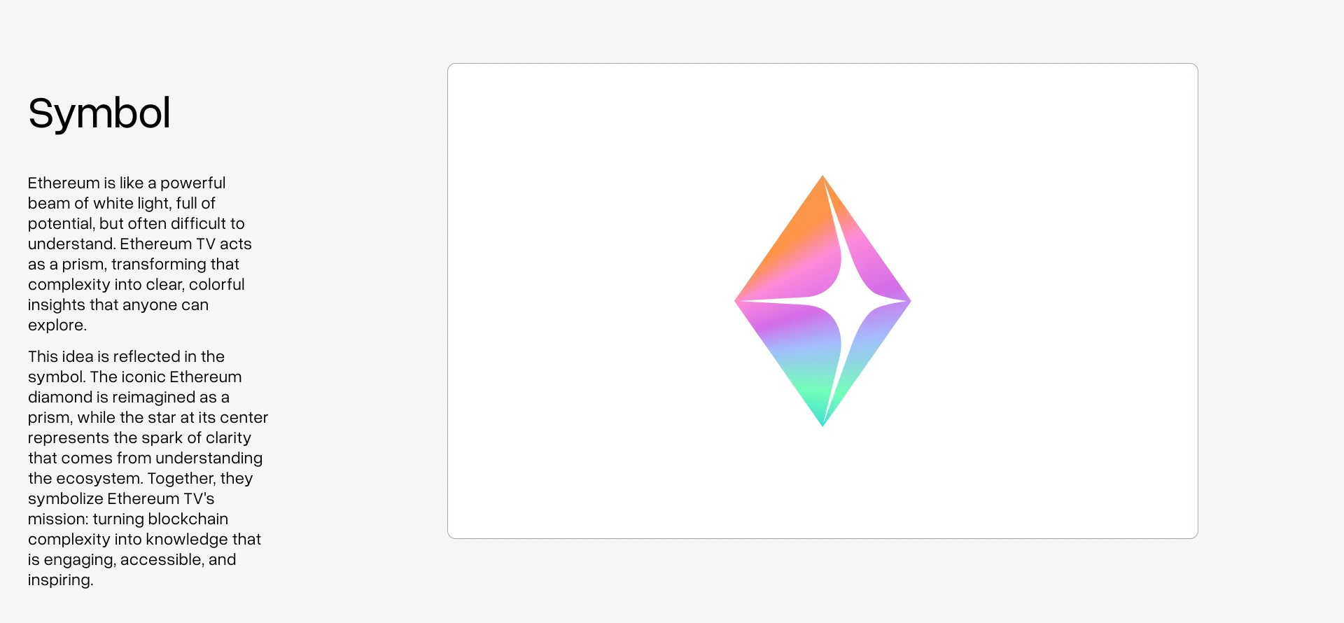 Symbol spread: the prism diamond shown large, with the explanation of white light separating into colour