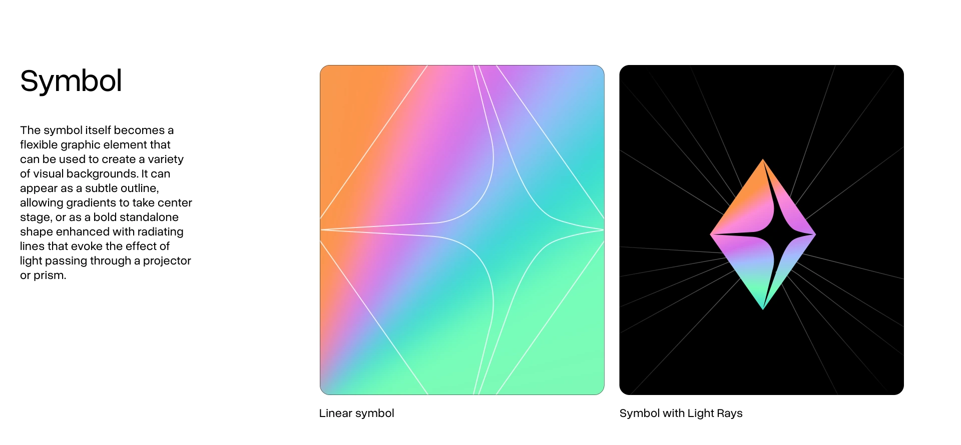 The symbol as a graphic field: a gradient tile with the diamond as an outline, and the diamond on black with light rays