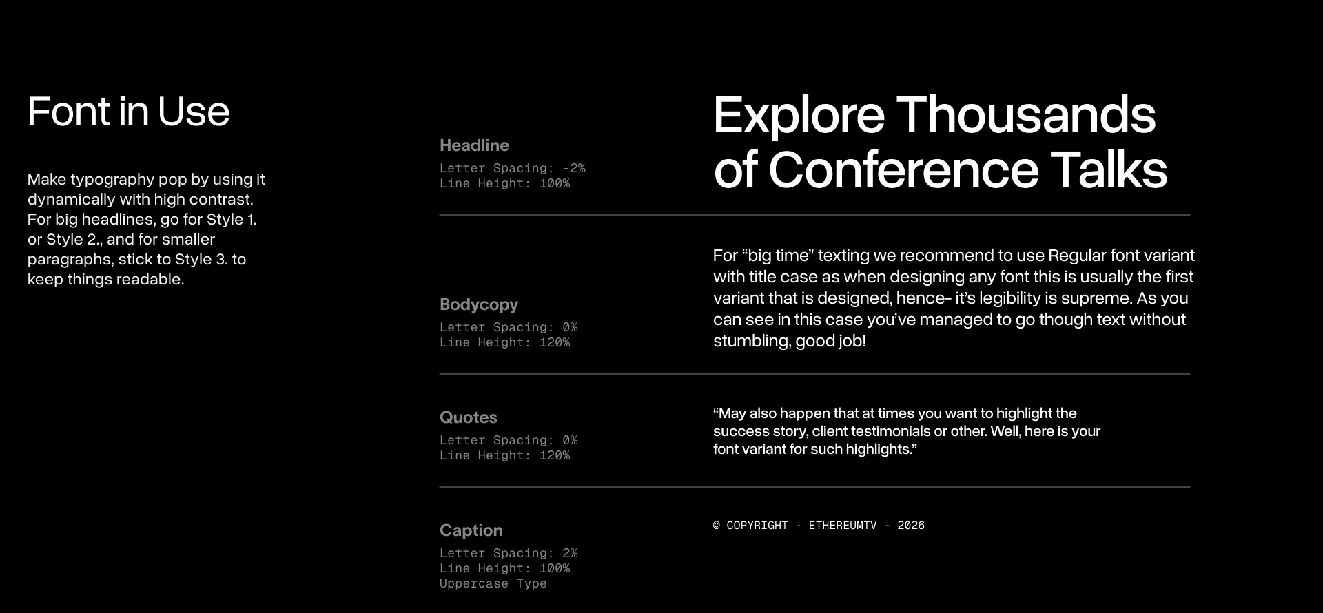 Type in use: headline, body, quote and caption settings with their tracking and line height values