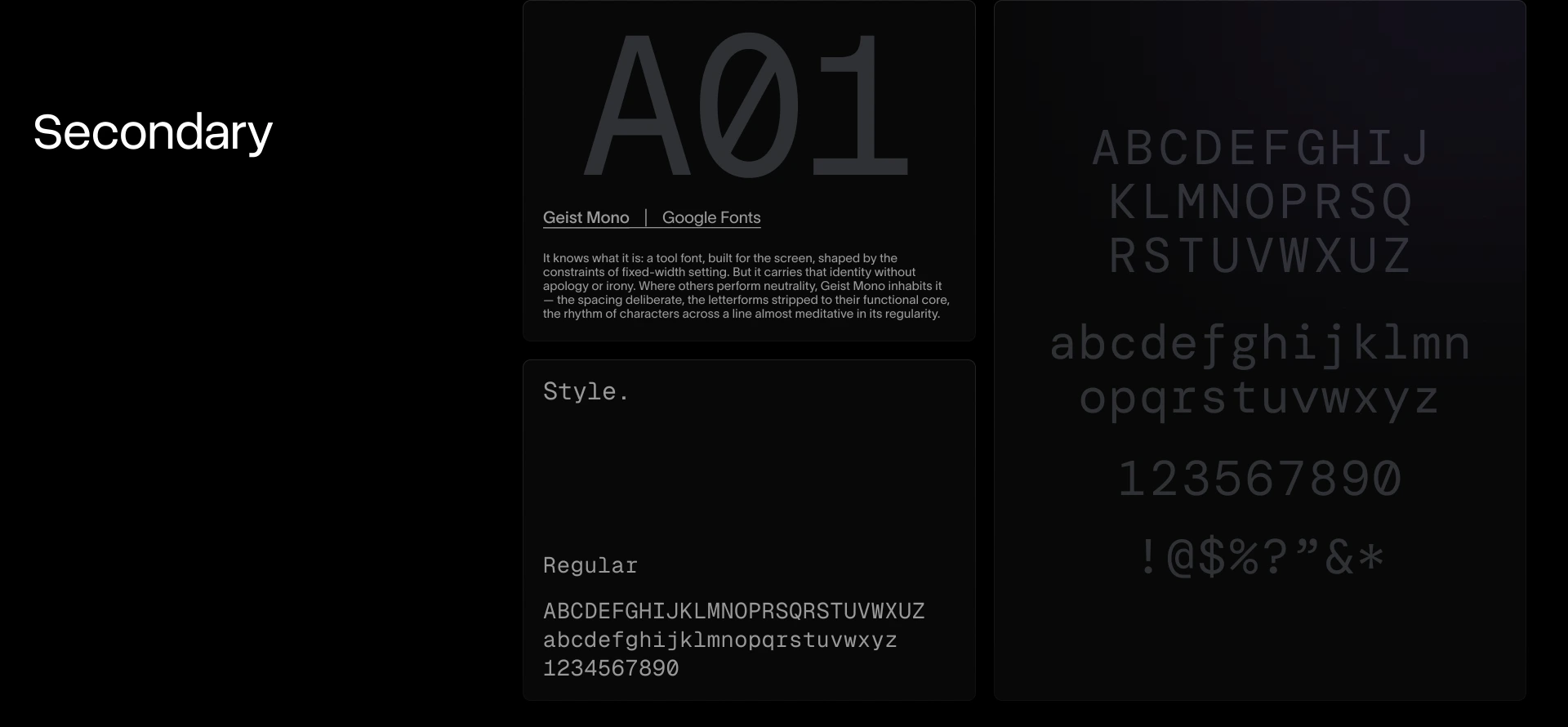 Secondary typeface spread: Geist Mono Regular with its full character set