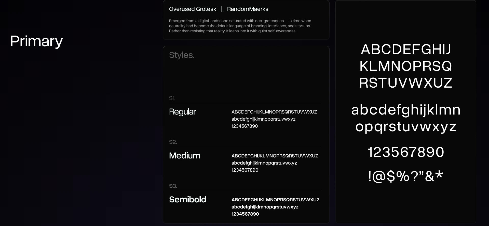 Primary typeface spread: Overused Grotesk in Regular, Medium and Semibold with its full character set
